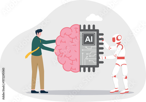 Professional and robot building an AI brain together