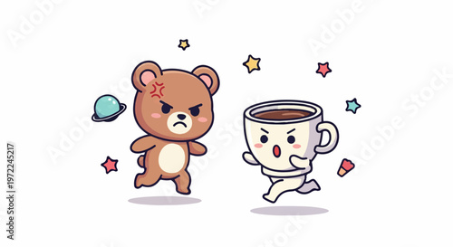 Angry Bear and Coffee Cup Characters Running Away from Each Other.