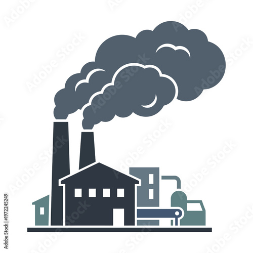 Flat factory icon with thick smoke clouds, pollution concept, simple shapes, muted solid colors