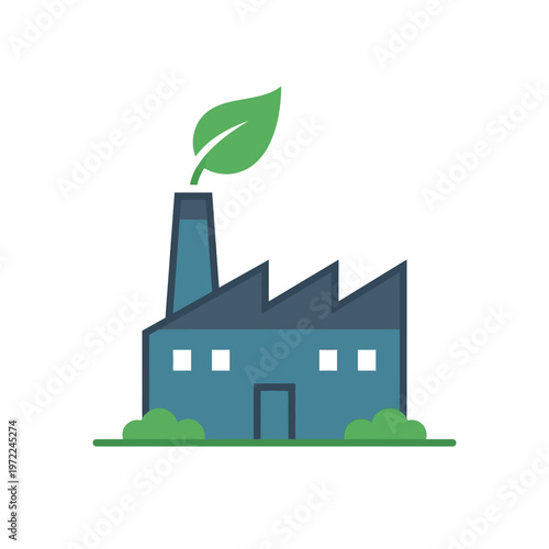 Flat factory icon with leaf replacing smoke, eco industry concept, clean minimal geometric design