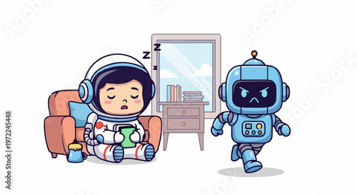 Astronaut Sleeping Peacefully While Angry Robot Approaches Rapidly.