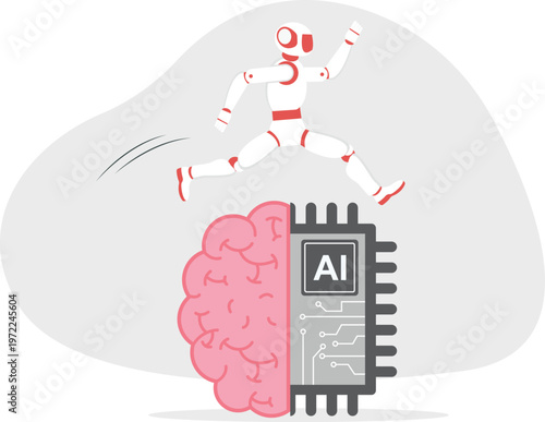 Robot jumping over a professional sitting on an AI brain symbol