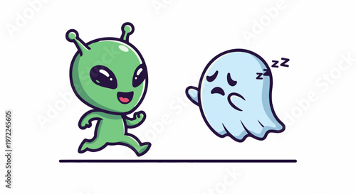 Cartoon Alien Running Happily Towards a Sleeping Ghost.