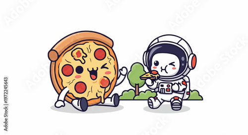Cartoon Astronaut and Pizza Slice Enjoying a Delicious Meal Together.