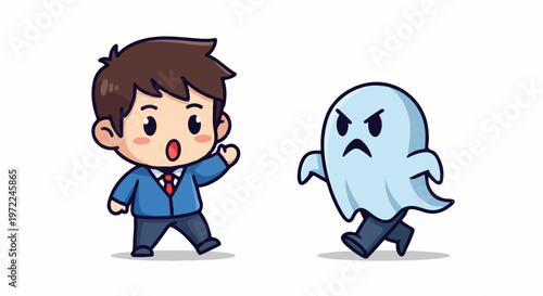 Cartoon Businessman Confronting a Ghost with Surprised Expression and Gesture.