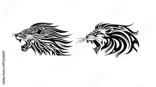 Minimalist tribal tattoo roaring lion head side view bold line art abstract feline design fierce animal strength power predator modern decorative concept with sharp curves and dynamic style