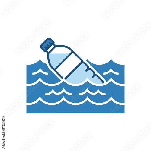 Flat plastic bottle floating in water icon, pollution concept, clean minimal solid color design
