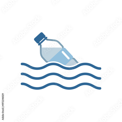 Flat plastic bottle floating in water icon, pollution concept, clean minimal solid color design