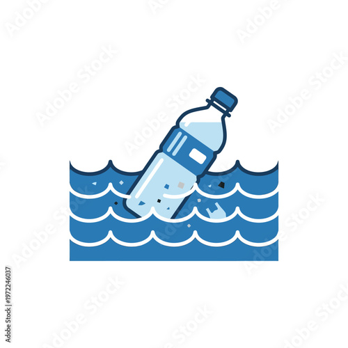 Flat plastic bottle floating in water icon, pollution concept, clean minimal solid color design
