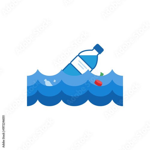 Flat plastic bottle floating in water icon, pollution concept, clean minimal solid color design