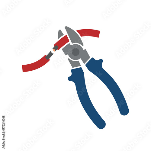 Flat pliers cutting cable icon, simple action composition, minimal shapes, clean solid color design
