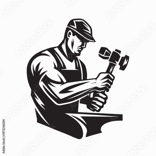 Iron Smith Forge Logo Design Featuring Hammer Striking Anvil Symbol