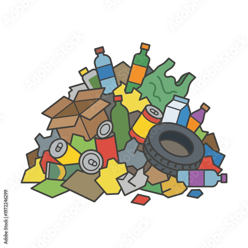 Flat trash pile with mixed waste shapes, environmental damage concept, minimal solid color design