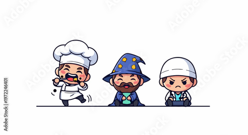 Cartoon Chef, Wizard, and Engineer Characters in a Row.