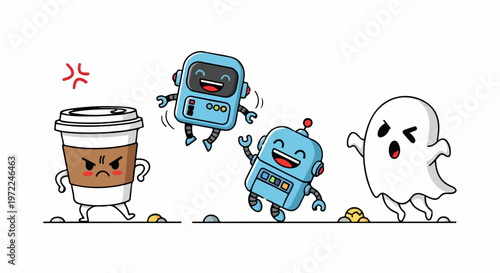 Cartoon Coffee Cup Confronts Robots and a Ghost in a Funny Scene.