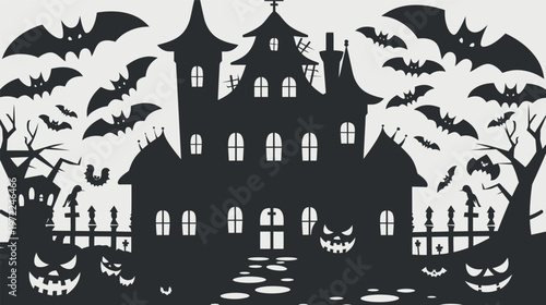 Monochrome vignette of haunted house surrounded by Halloween pumpkins eerie spooky gothic mansion dark night creepy atmosphere ghostly silhouettes horror theme mysterious decorative concept