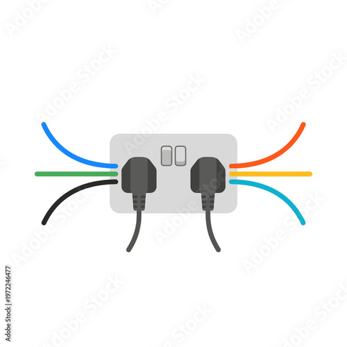 Flat wall socket with multiple cables plugged in, balanced composition, minimal solid color design
