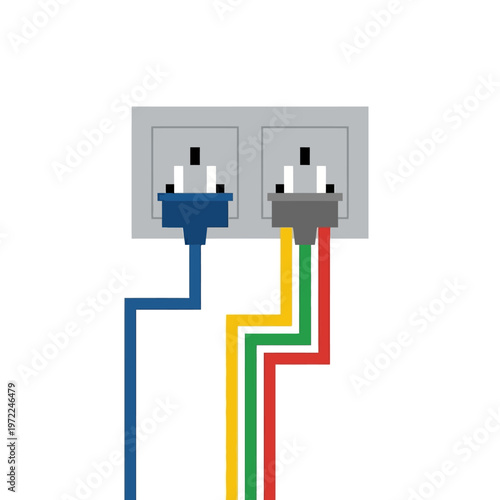 Flat wall socket with multiple cables plugged in, balanced composition, minimal solid color design
