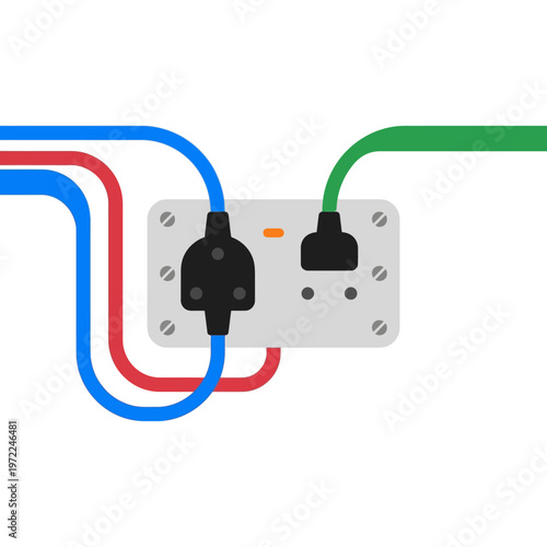 Flat wall socket with multiple cables plugged in, balanced composition, minimal solid color design
