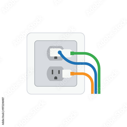 Flat wall socket with multiple cables plugged in, balanced composition, minimal solid color design
