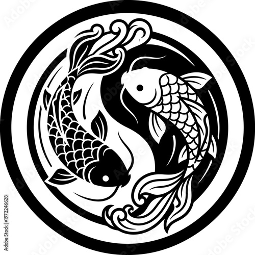 Captivating flat vector icon illustrating two stylized koi fish in a graceful dance, creating the iconic yin-yang symbol for balance.