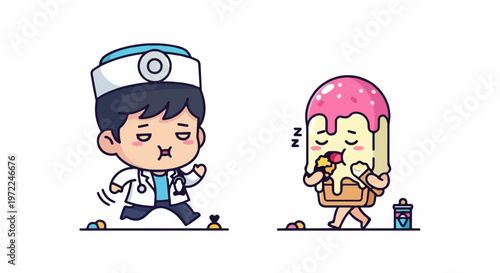Cartoon Doctor Chasing Sleepy Dessert Character in Playful Illustration.
