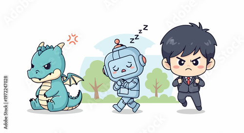 Cartoon Dragon, Robot, and Angry Businessman Characters in a Row.