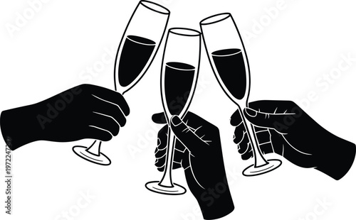 Black silhouettes of three hands clinking champagne glasses in celebration vector illustration