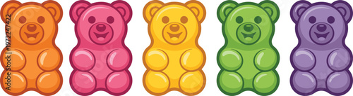 Five colorful gummy bear candy characters in a row sweet treat