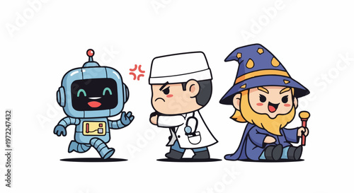 Cartoon Robot, Angry Doctor, and Cheerful Wizard Characters in a Row.