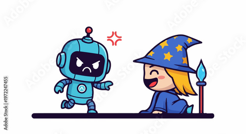 Cartoon Robot Confronts Cheerful Wizard with Magic Wand.