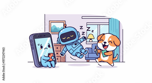 Cartoon robot, phone, and dog characters interacting in a cute scene.