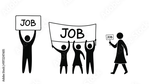Group of protesters holding job signs represents unemployment issues and economic struggle for finding new career paths.