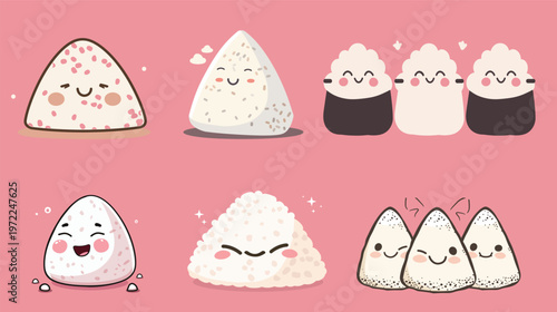Onigiri with blushing cheeks and cute face kawaii Japanese rice ball adorable happy expression smiling food character illustration charming cute snack concept