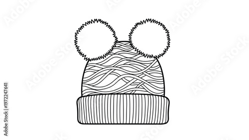 Winter knitted beanie hat with two fluffy pom poms presented as a simple line art illustration for seasonal cold weather.