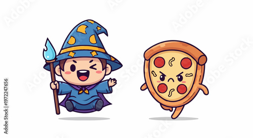 Cartoon Wizard Conjuring Magic Spell Chasing Angry Pizza Slice.
