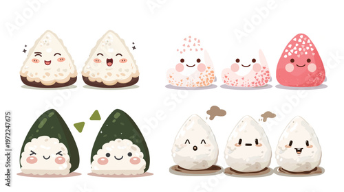 Onigiri with blushing cheeks and cute face kawaii Japanese rice ball adorable happy expression smiling food character illustration charming cute snack concept