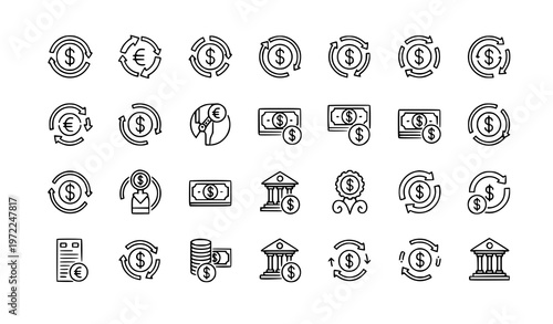 Refund and chargeback outline icon set with payment return transaction and finance line symbols vector pack