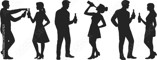 Silhouettes of six people interacting and drinking beverages at a social gathering group