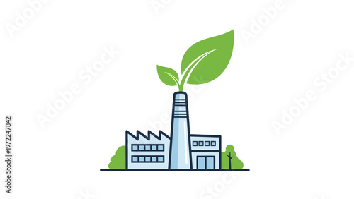 Eco friendly factory building with green leaves sprouting from the chimney symbolizes sustainable industrial production.