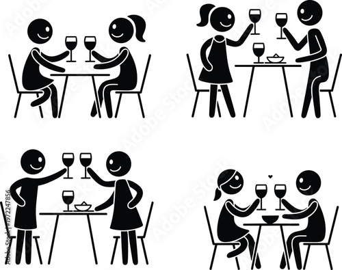Stick figures celebrating with wine at a table in four different scenarios people couple