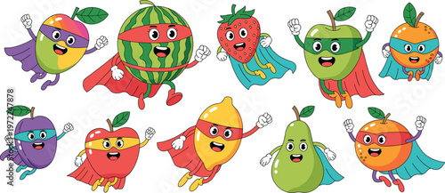 Ten Cartoon Fruits Dressed As Superheroes Flying And Posing On White Background illustration mango