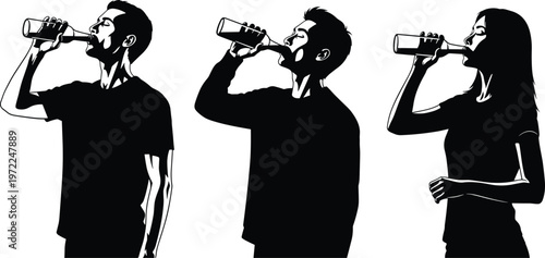 Three Black Silhouette Figures Drinking From Bottles On White Background woman