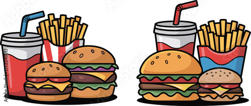 Two Sets Of Cartoon Burgers Fries And Drinks On White Background hamburger cheeseburger