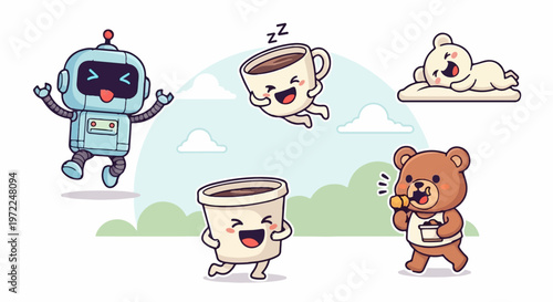 Cheerful Cartoon Characters - Robot, Coffee Cups, and Bear Friends.