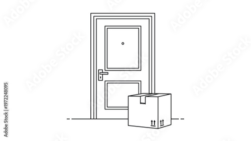 Delivery box left at a front door illustration represents package drop off services and contactless e-commerce shipping.