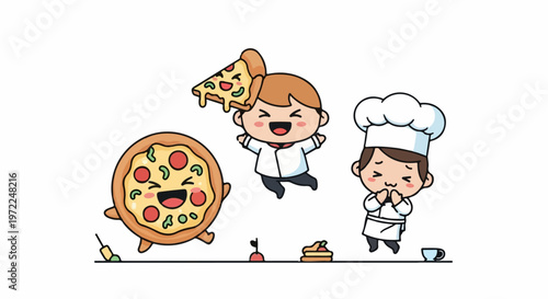 Cheerful cartoon chef characters and pizza slice with happy expressions.