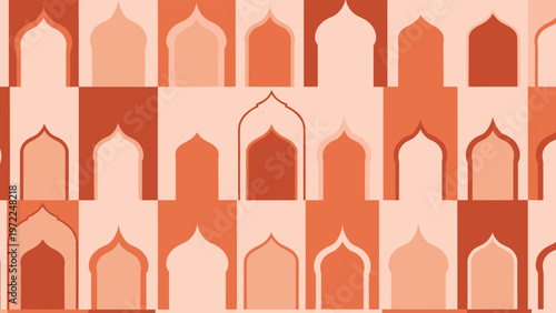 Seamless pattern of middle eastern archways in terracotta shades illustrates traditional architecture and cultural design.
