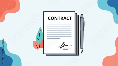 Business contract document with a pen and colorful abstract shapes represents legal agreements and professional signing.