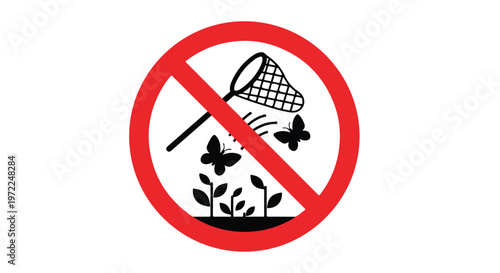 Prohibition sign showing a butterfly net attempting to catch butterflies in a garden with plants